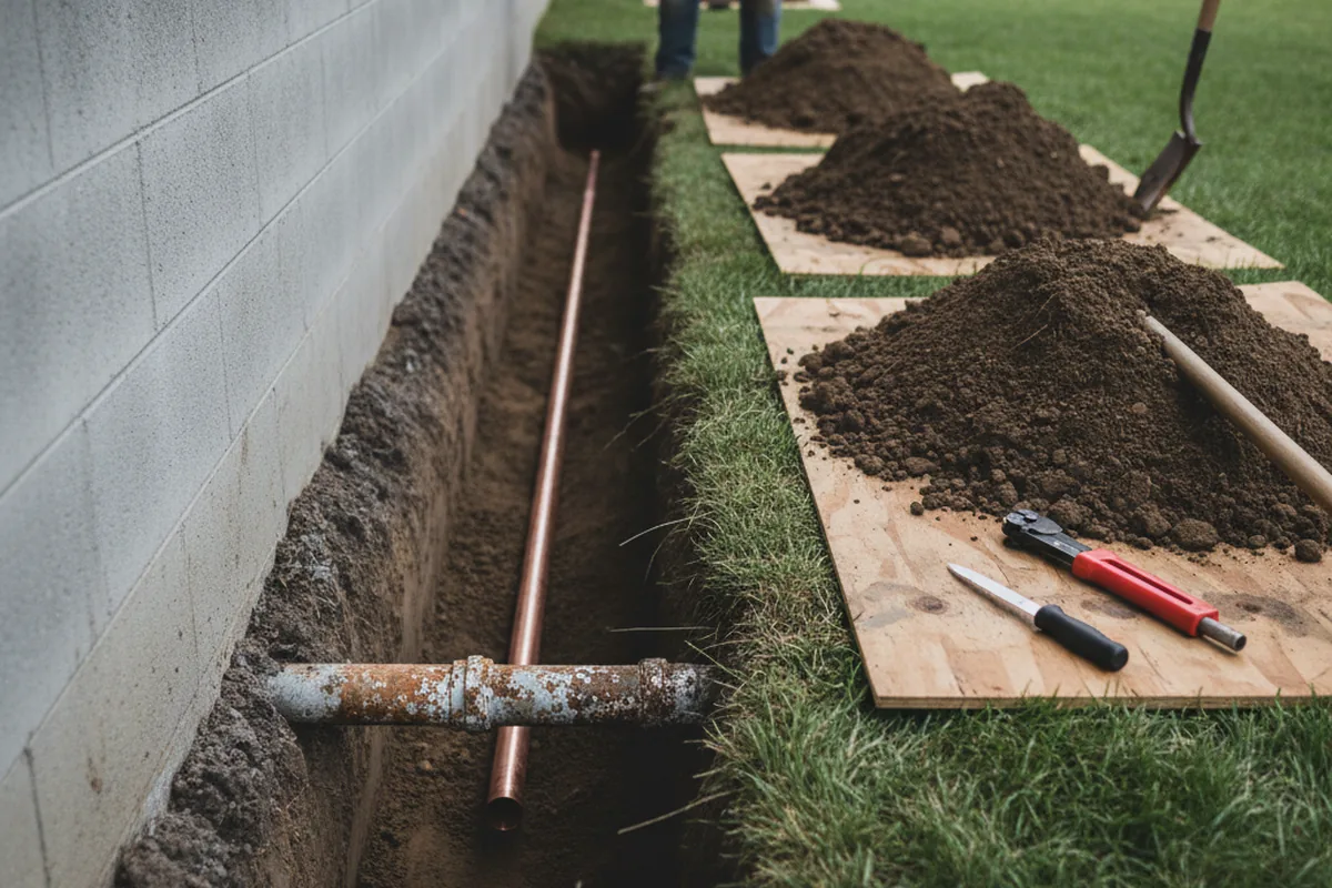Excavated water line trench during Sewer Line Repair in Drytown